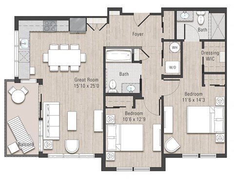 Floor plan for 2 beds, 2 baths, 1015 sqft